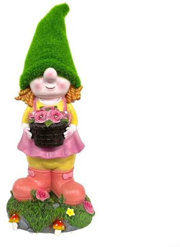 Statue de nain de fille en résine à énergie solaire pour décoration de jardin, porche, patio et espaces intérieurs