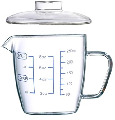 ULTECHNOVO Verre Résistant Chaleur avec Échelle et Couvercle Perlé Tasse à Mesurer pour Lait et Eau Mug Verre Pratique pour Maison et Café
