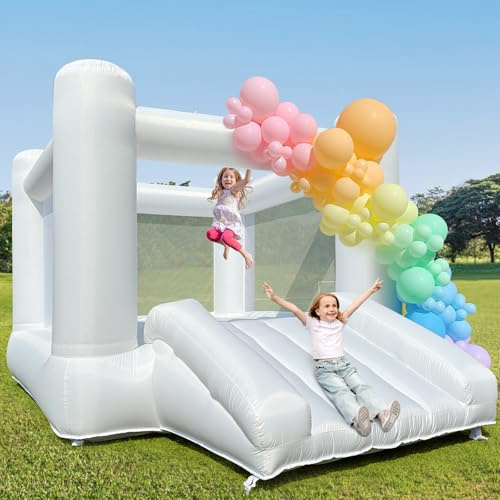 iLink-outer White Bounce House for Big Kids 3-12 Indoor Outdoor Large Bouncy Castle Theme with Slide and Air Blower 133.86 x 96.46 x 74.02 inch Big Kid Playhouse for Party