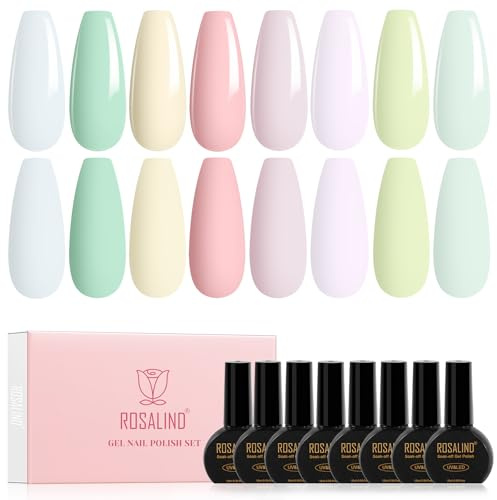 ROSALIND Esmaltes Semipermanentes Macarrón, 8 Colores 10ML Pastel Verde Amarillo Rosa Morado Pintauñas Semipermanentes Primavera Verano, UV LED Esmalte de Uñas Nail Art Regalo Manicure