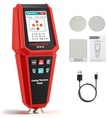Medidor de Espesor de Pintura para Coches, Medidor Digital con Gráfico de Barras, Pantalla a Color Retroiluminada 4 Direcciones, Alarma de Límite, Sonda Fe/NFe