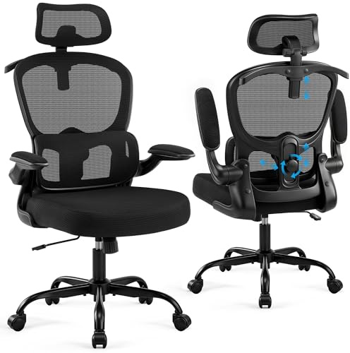 Coscendo Bürostuhl, Ergonomisch mit Kopfstütze und Verstellbarer Lendenwirbelstütze, Mesh Drehstuhl für Homeoffice bis 150kg, Höhenverstellbarer Computerstuhl mit Rollen, Schwarz