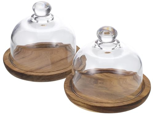 jojofuny Lot de 2 Assiettes à Dessert en Bois D'acacia 10 Cm avec Cloche en Verre Transparente, Présentoir à Gâteaux et Fruits pour Maison et Fête, Plateau de Dégustation Robuste et