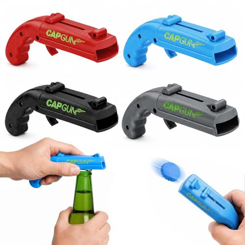Quelcc 4 Stück Cap Gun Flaschenöffner Pistole, Lustiges Kronkorken-Spiel mit Abschuss, Biergeschenk für Männer, Flaschenöffner Lustig für Party, Bar & Zuhause