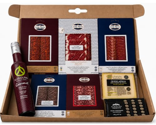 Cesta Gourmet - Jamón Ibérico Cortado a Cuchillo y Embutidos Loncheados de Guijuelo con Queso Añejo Leche Cruda (200g) – Pack Gourmet (5x100g) con AOVE (500ml) y Picos – Cesta Ideal para Tapas