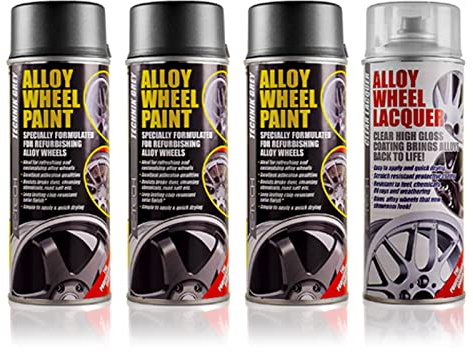 E-Tech 3 x Tecknik Grey Wheel Paint and 1 x Clear Lacquer Car Alloy Wheel Spray Paint (4 Cans In Total)
