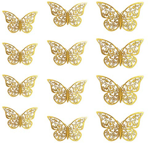 Oblique Unique® 3D Schmetterlinge 12er Set Metall Dekoration inkl. Klebepunkte Wandtattoo Wandsticker Wanddeko in Gold oder Silber - Farbe Wählbar (Gold)