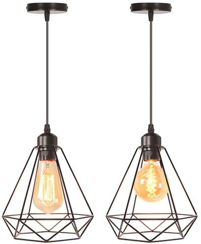 iDEGU 2 Stück Hängelampen, 1-flammig Vintage Pendelleuchten Industrie Design Käfig Stil 20cm Lampenschirm aus Metall Schwarz Pendellampe E27 Retro Hängeleuchte für Esszimmer, Küche, Schlafzimmer