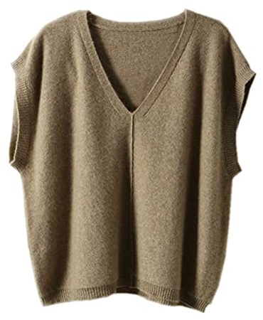 Wenwenma Damen Kaschmir Pullunder Mode V-Ausschnitt Pullunder Ärmelloser Pullover (Kamel, XL)