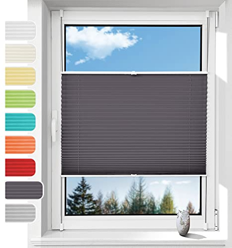 Linhu Plissee ohne Bohren mit Klemmhalter Anthrazit 60x80cm (BxH), Faltrollo Jalousie Sichtschutz und Sonnenschutz, Blickdicht & Lichtdurchlässig, Rollo für Fenster & Tür