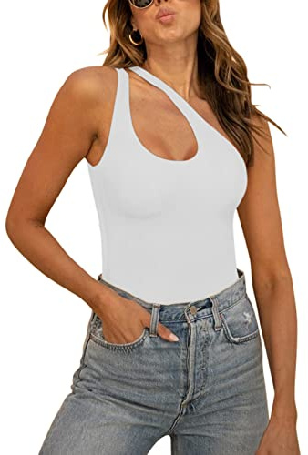 REORIA Women's Summer Sexy One Shoulder Cutout Front Sleeveless One Piece Tank Tops Backless Thong Bodysuits Leotards For Going Out White Small