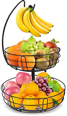 Cestino per Frutta a 2 Ripiani, Portafrutti in Metallo Con Porta Banana, Contemporaneo, Colore: Nero