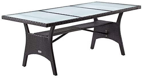 CASARIA® Mesa para Jardín Comedor 190x90x74cm Mueble Terraza Estante Vidrio de Seguridad Mesas Exterior Marrón