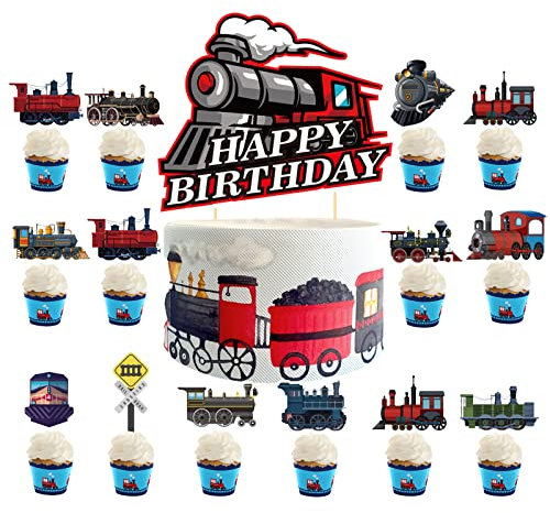 25 Pcs Train Cake Decoration Retro Train Cake Topper Cupcake Toppers for Train Party Decorations Retro Train Birthday Party Supplies Vehicle Party Decorations