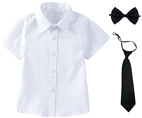 aromm Camisa Niño Uniforme Escolar Formal Manga Corta Botón Down Oxford Shirt con Corbata y Pajarita Blanco,11-12 Años