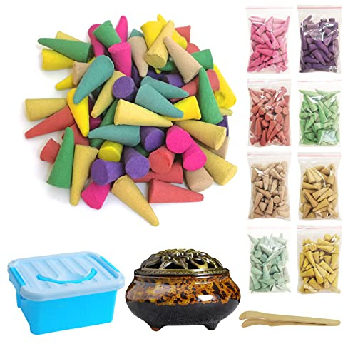 Incense Cones， 8 Mixed (320 Cones Total) Cone Incense Scents, and A Ceramic Incense Burner. Natural Scent Cone， for Meditation, Yoga, Purification, and Aromatherapy.