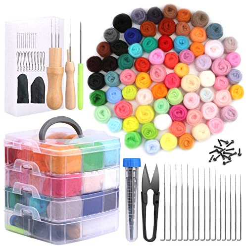 Reovin 72 Farben Nadelfilz Set, Filzwolle Roving Nadelfilz Kit | Filzset für Erwachsene, Fachkräfte mit Filznadeln Grundwerkzeugen und Zubehör, Trockenfilzen Set zum Basteln für Fachkräfte