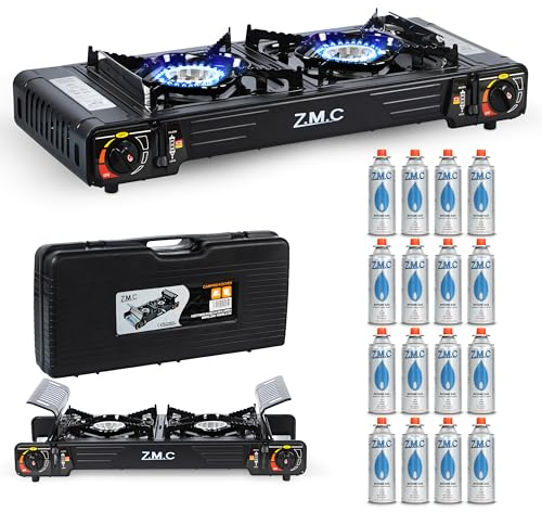 ZMC Premium Campingkocher 2-flammig 2,5 kW mit Piezo-Zündung & TRANSPORTKOFFER | Doppelgaskocher für Outdoor, Balkon & Indoor | Gaskocher Set wählbar: inkl. Grillplatte 45×24 cm und 227g Gaskartuschen