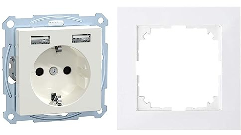 Komplettset Schuko-Steckdosen-Einsatz mit USB Ladegerät, Merten System M-Pure, Polarweiß