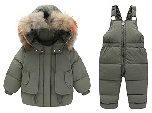 Boodtag 2pcs Unisex Baby Kids Puffer Winter Warm Hooded Down Coat with Snowsuit Snow Bib Pants Ski Suits Outfit Set Green 2-3 Years