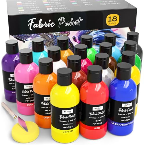 Nicpro Textilfarbe Permanente 18 x 250 ml, stoffmalfarben waschfest, Sanfte Stofffarbe für Kleidung, ungiftige stofffarben waschfest für Stoff, Bastelarbeiten, T-Shirts, Jeans, Taschen, Leinwand