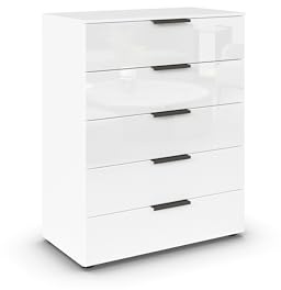 Rauch Möbel Flipp, Kommode, Farbe Glas Weiß, Breite 80 cm | Sideboard, 5 Schubladen, Soft-Close-Funktion, für Schlafzimmer, Gästezimmer, Wohnzimmer, Garderobe, Flur