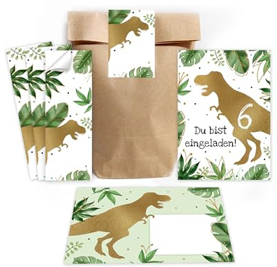 Minkocards 12 Einladungskarten zum 6. Kindergeburtstag Junge Dino Dinosaurier Einladungen sechste Jungsgeburtstag incl. 12 Umschläge, 12 Partytüten/natur, 12 Aufkleber