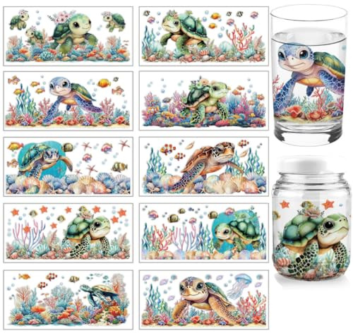 arricraft 10 Blatt UV DTF Cup Wrap, 10 Stile Cartoon Meeresschildkröte Fisch Seetang Abziehbilder PVC Transferaufkleber Wasserfest Abziehbilder Für DIY 16OZ Glas Tassen Möbel Holz