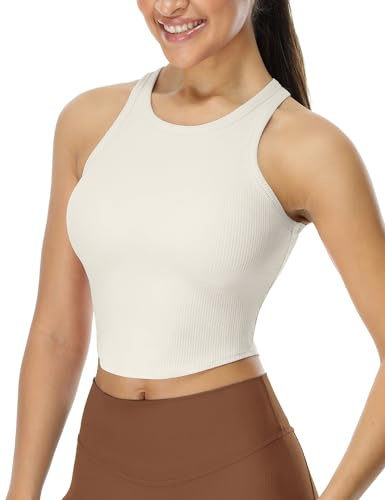 icyzone Damsporttopp med integrerad bh racerback yoga crop top ribbad fitness gym tanktoppar, Ben, L