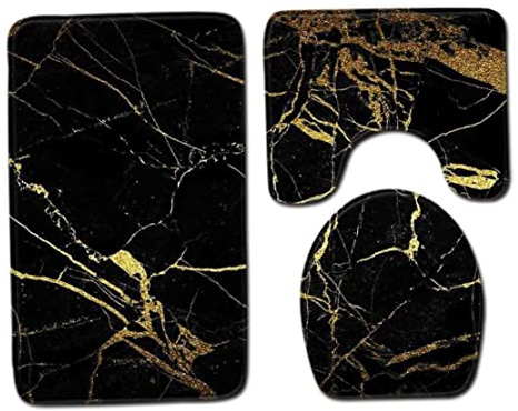 Hbbgdiy Set di tappeti per il bagno, tappeti da bagno da da 3 pezzi Coperchio non slip in poliestere morbido tappeto da (50 x 80 cm, oro nero)