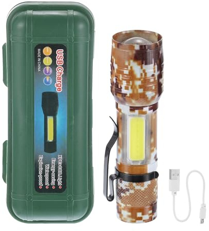 PATIKIL Linterna Led Escalable 3 Modos de Alta Luminosidad Linterna Led de Luz Blanca de Aluminio Recargable por USB para Senderismo Camping Camuflaje Marrón