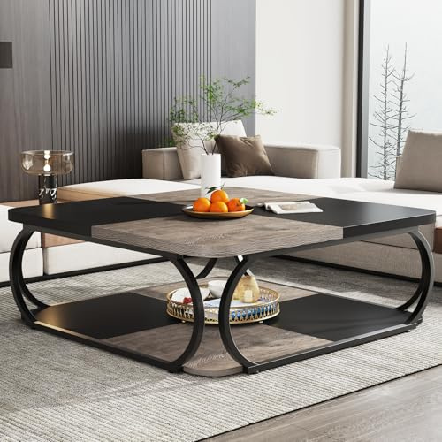 Tribesigns Table Basse Carrée pour Salon, 100 x 100 x 50 cm, Table de Salon Bois, Industriel Table Basse pour Salon, Gris & Noir