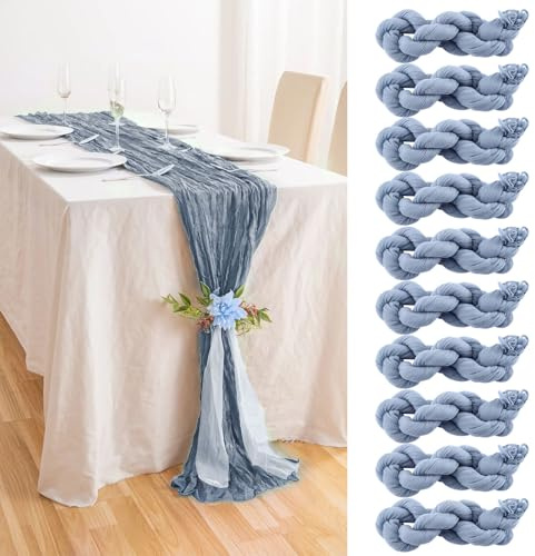 10 Stück Tischläufer Seihtuch Blau 90x300cm Käsetuch Tischläufer für Hochzeit, Party, Dinner, Salbeigrüne Seihtuch Weicher Gaze Stoff, Pflegeleicht, Wiederverwendbar, Mist Blue Plissierte Tischdecke