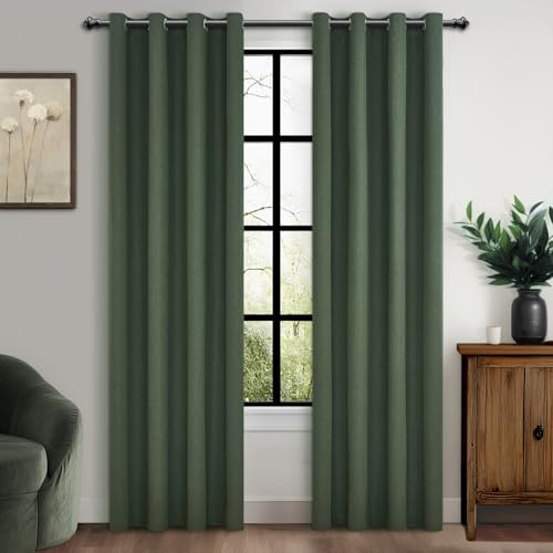 MRTREES 100% Verdunklungsvorhänge mit Ösen Leinenoptik Vorhänge Blickdicht Wärmeisolierend 2er Set Gardinen Wohnzimmer 240 cm Lang Thermovorhang Kinderzimmer 140 cm Breit, Oliv-grün