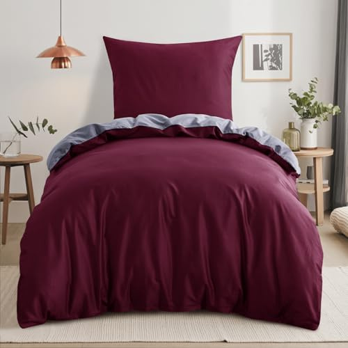 RUIKASI Bettwäsche 155x220 Baumwolle Rot - Bettwäsche-Sets 155x220cm 3teilig Wendebettwäsche 3tlg mit Reißverschluss, zweifarbige Bettbezug Set Burgunderrot und Grau Cotton