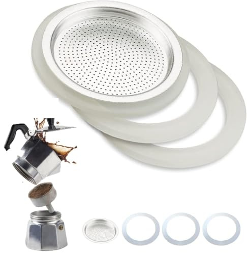 Dichtung und Filter Kaffeemaschine Universal für Ersatzteile Moka 3 x Dichtring aus Latex + 1 x Filter aus Stahl (3 Tassen) Ersatzdichtung aus Silikon, für italienische Kaffeemaschine,