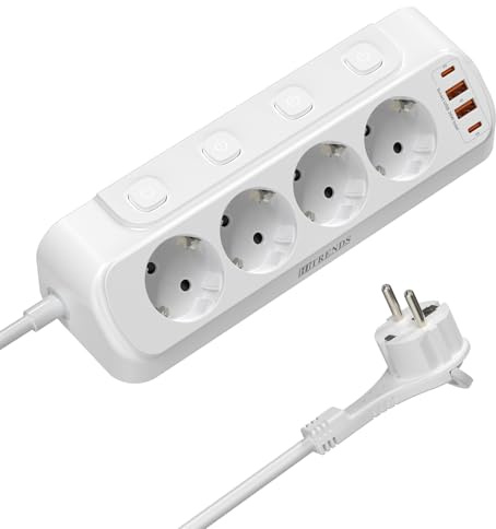 Ecksteckdose mit USB, 4 Fach Steckdosenleiste mit Schalter, Mehrfachsteckdose Steckerleiste mit 2 USB und 2 Type-C, 8 in 1 Steckdosenverteiler Flachstecker mit 2M Kabel für Smartphones, Hause, Weiß