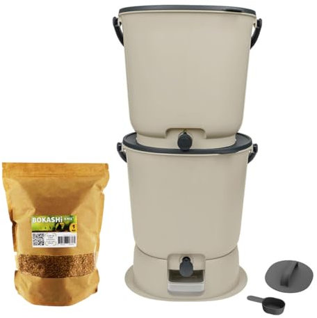 Moutta | Bokashi Organko Essential Crème (15,3L) | Kit 2 seaux à Compost Organique avec compacteur + 1kg d'Activateur EM-1 de Fermentation fabriqué en France