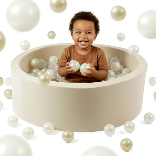 Mimii Bällebad 90x30cm 200 Bälle für Baby - Schaumstoff Bällepool für Kinder - Baby Ballgruben - Spielzeug Abnehmbar und Waschbar - Beige: Bällen Transparent/Hellgolden/Schillernd