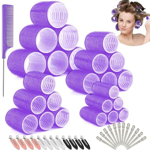Lot de 24 bigoudis auto-adhésifs - Pour boucles sans chaleur - Grands bigoudis - Avec 24 pinces à cheveux (violet, 24)