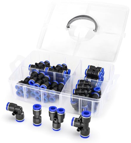 ERGAOBOY 40 Stück Blau 10MM Rohr OD Push to Connect Fittings Pneumatische Schnellverschluss-Verbinder Kit Push Lock, Teiler+ Winkel+ T- Stück+ Gerade