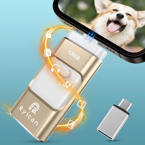 Memoria USB para Phone 128GB,Ryican 4 in 1 Pendrive transmisión de Alta Velocidad Photostick USB 3.0 Memoria Externa para iOS/Pad/Android/Teléfono/PC, Tiene Función de Protección Contraseña