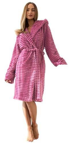 L&L Bademantel Damen Kurz mit Kapuze I Weicher Morgenmantel aus 100% Polyester I Kuscheliger Hausmantel für Frauen, Leichter Frottee Morgenrock mit Gürtel - 2416 Kirschrot, M