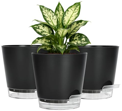 KINGLAKE Lot de 3 pots à arrosage automatique de 15 cm, pots de fleurs en plastique avec noyau d'absorption et réservoir d'eau transparent, pot d'herbes moderne avec sous-verre pour l'intérieur, Noir