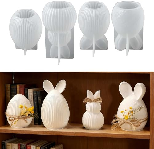 4 Stück Silikonformen Gießformen Ostern, Silikonform Osterhase Kerzen, Kaninchen Osterei Gießformen Silikon, Silikonform Ostern Eier 3D-Osterhase, für Frühling für Gips und Sojawachs Gießen