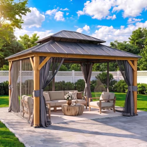 SUNJOY Tonnelle en Bois 3,9 x 4,5 m, Toit Rigide Double Niveau en Acier Imperméable, Poteaux 12 cm, Rideaux & Moustiquaires, Résistante Neige & UV, Pavillon Extérieur Robuste pour Jardin, Terrasse