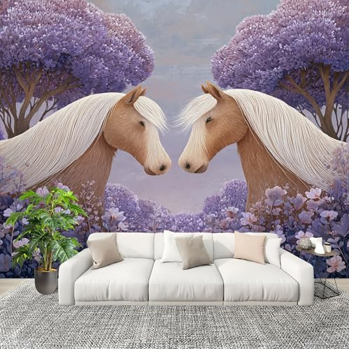 Fotográfico 3D HD No Tejido De EnsueñO Flores Caballos ExtraíBle Papel Pintado Fotomural 300×210 cm PúRpura Resistente al agua y a las manchas Fácil Instalación Murales Panorámicos