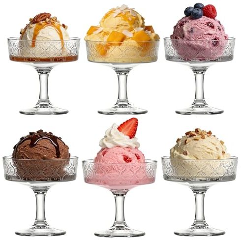 Gviix 6 Stück Glas Dessert Cup Set, 190ml Stilvolle Martini Gläser Dekorative Cocktail Gläser mit Muster Stapelbares Design Ideal für Eis Perfekt für jede Gelegenheit