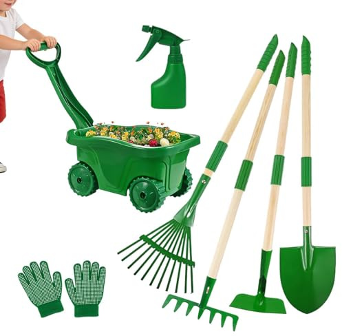 Rake Barn - ABS+trä Skottkärra Lekset, Ergonomiskt Låtsaslekset, Trädgårdsredskapsset Barn, Slitstark Utomhusleksak Barrn Pojkar Flickor Bakgård Födelsedag Påsk