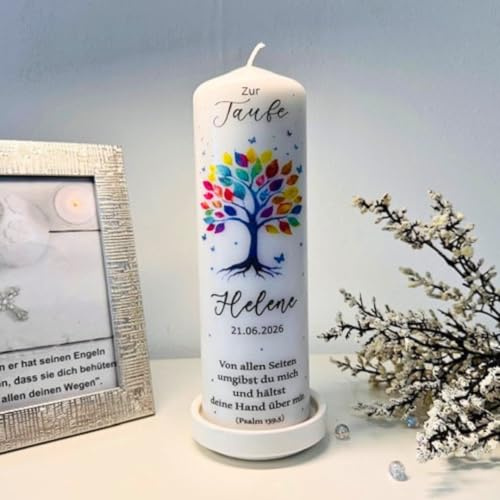 Personalisierte Taufkerzen für Mädchen und Jungen mit individuellem Taufspruch und einem bunten Lebensbaum-Baum Motiv–ein besonderes Geschenk zur Taufe,als Patenkerze oder zur Kommunion.